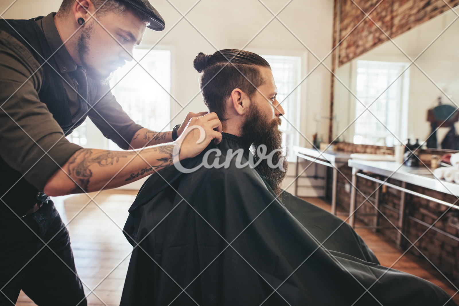 Hairdresser Putting Cutting Hair Cape On Client Photos By Canva