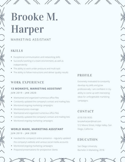 navy blue line of patterned squares college resume