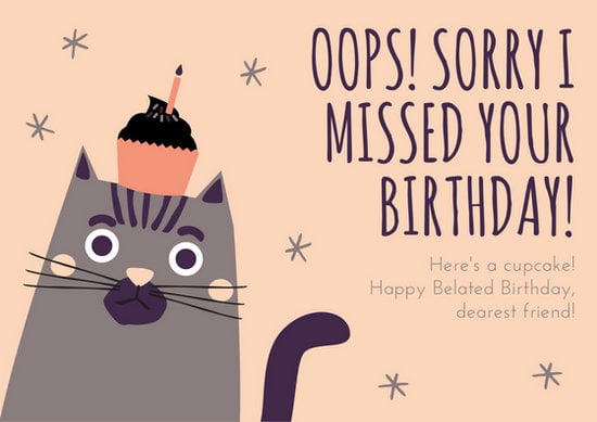 Peach and Gray Illustrated Cat Belated Birthday Card 
