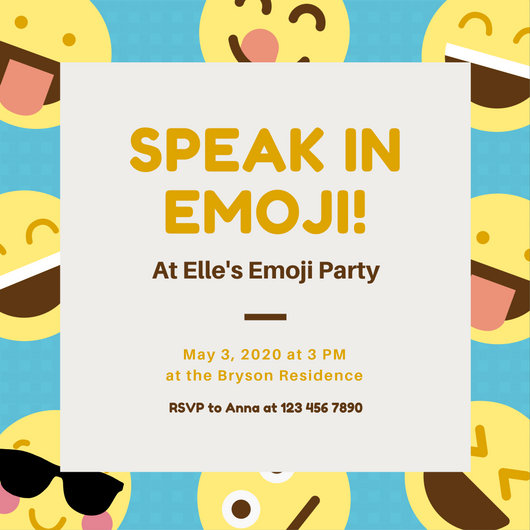 blue and yellow smiley emoji party invitation