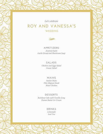 canva gold %26 white elegant foliage wedding menu MACWmCb1eg8