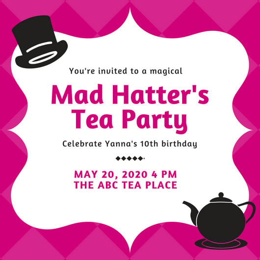 pink mad hatter tea party invitation