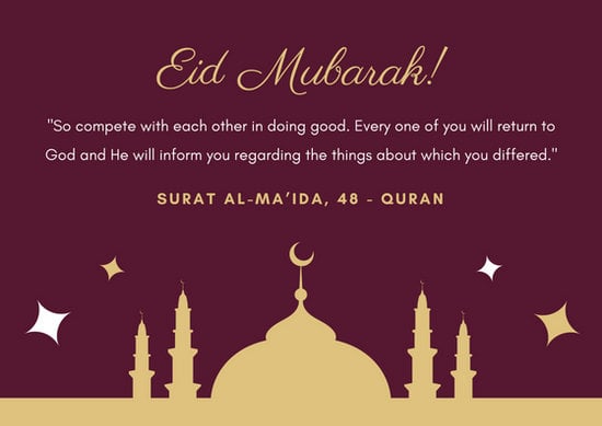 Maroon Gold Elegant Mosque Simple Eid al-Fitr Card - Templates by Canva