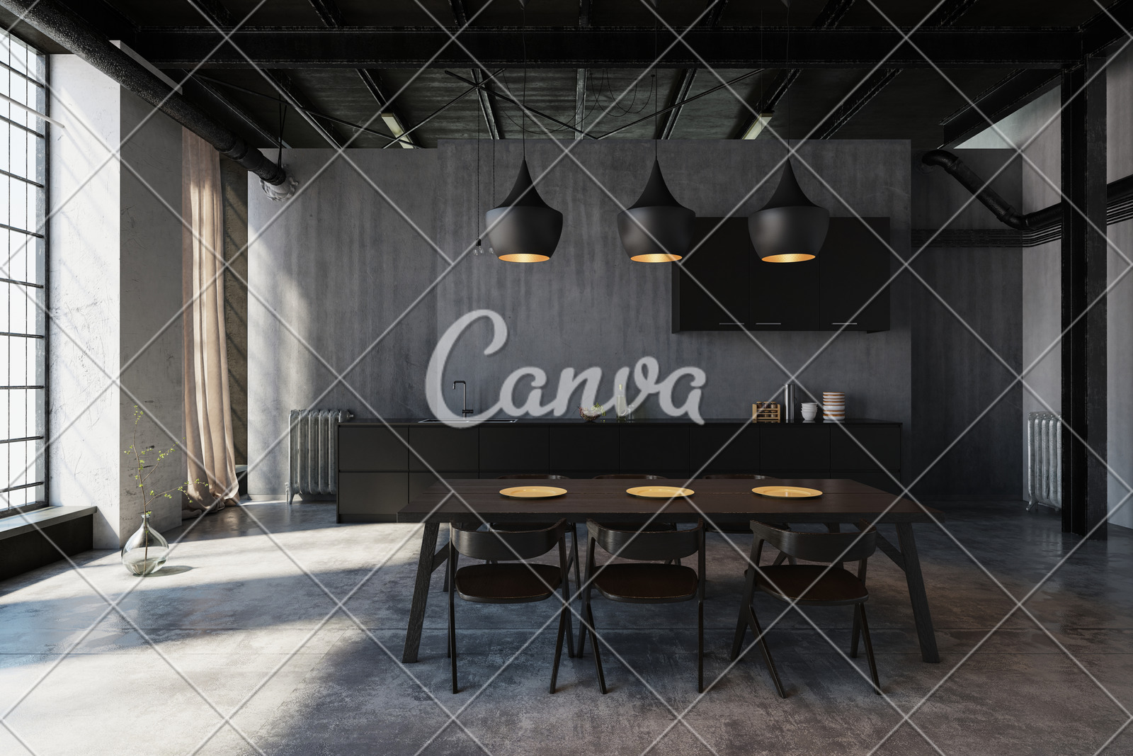 Modern Loft Dining Area With Ceiling Lights Photos By Canva