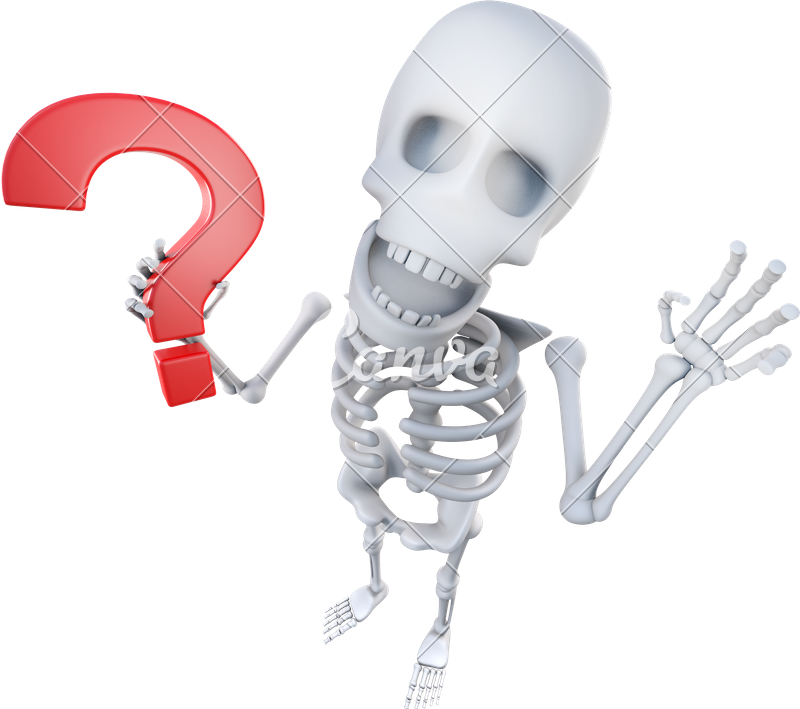 3D Funny Cartoon Skeleton Character Holding a Question Mark Symbol