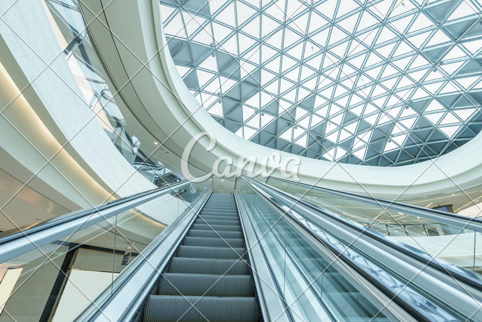 Abstract Ceiling And Escalator In Hall Of Shopping Mall Photos