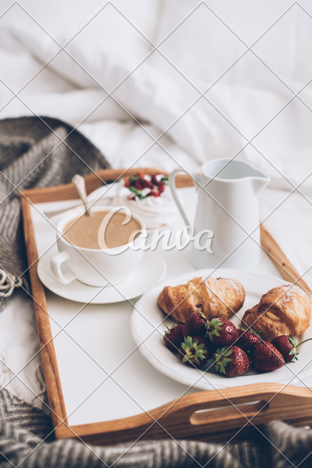 Traditional Romantic Breakfast In Bed In White And Beige