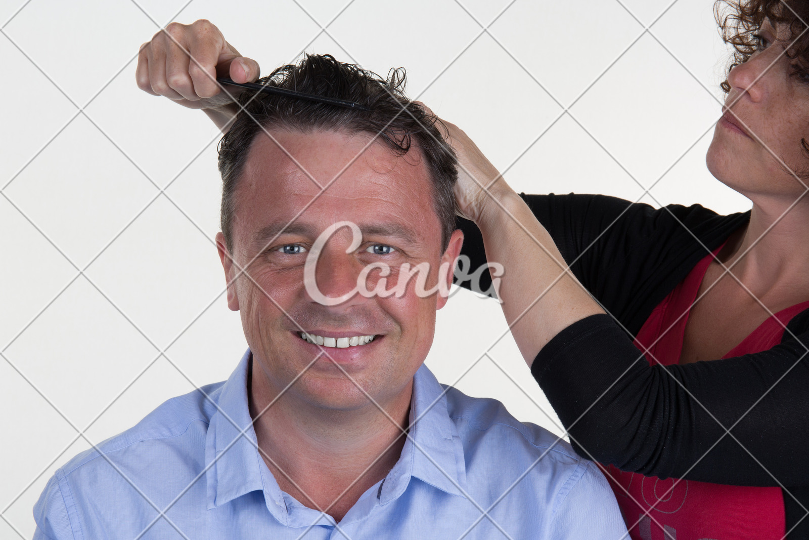 Cheerful Guy Cuts Hair At The Hair Salon By Woman Photos By Canva