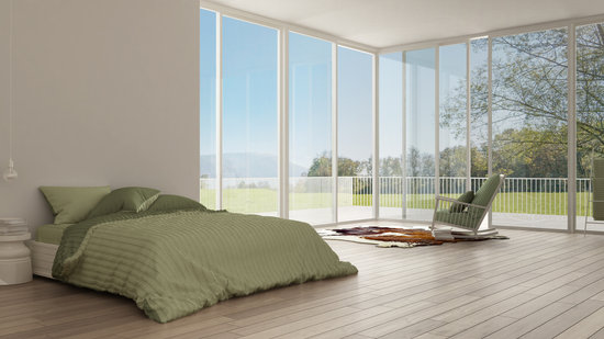 Minimalist Bedroom With Big Window On Sea Panorama White