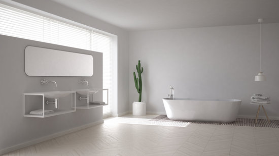 Minimalist White Scandinavian Bathroom With Walk In Closet