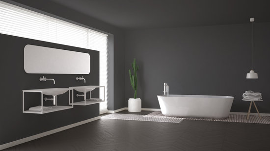 Minimalist Gray Scandinavian Bathroom With Walk In Closet