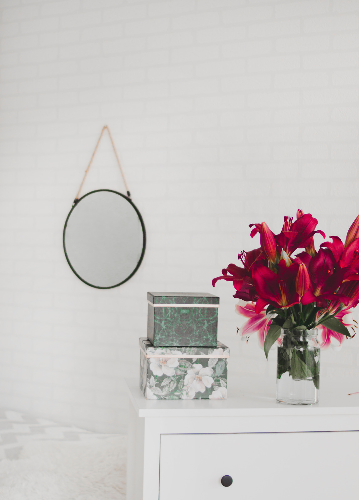 Red Flower Centerpiece On White Wooden Drawer Dresser Photos By