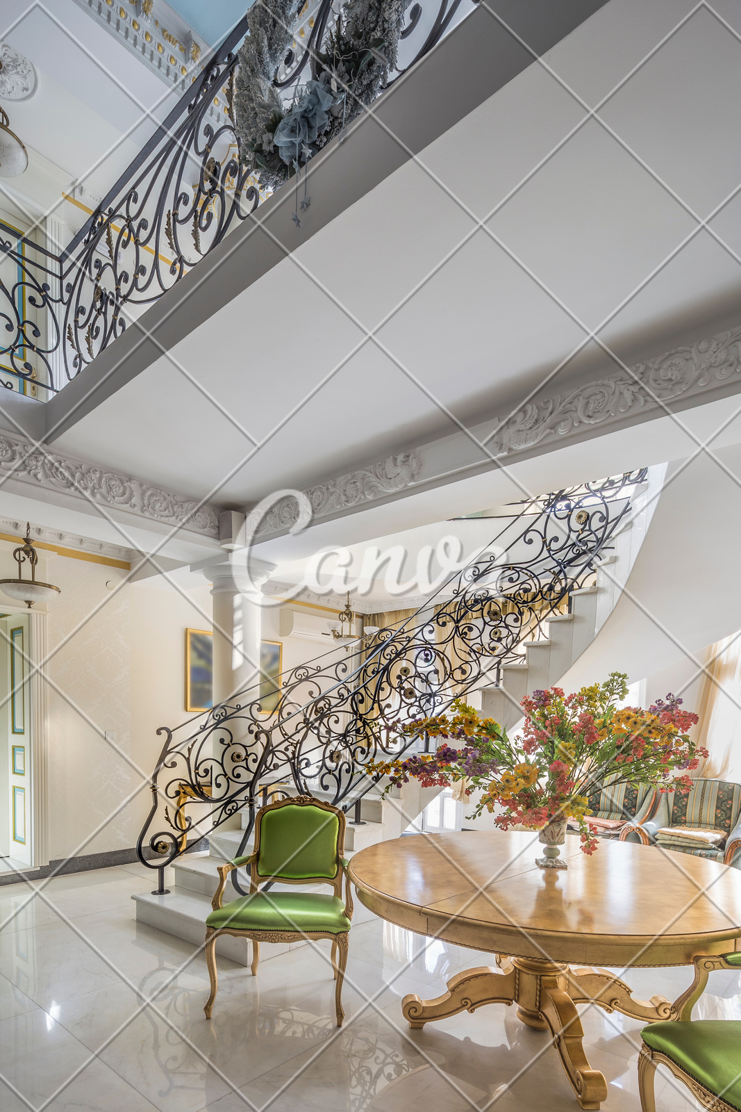 Luxury Lobby Interior Staircase With Handmade Wrought Iron