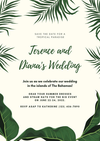 Ivory and Green Tropical Leaves Wedding Invitation ...