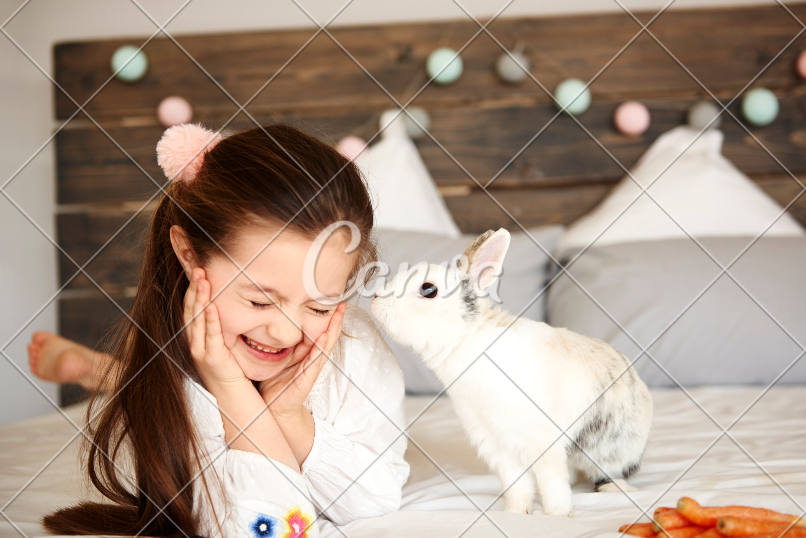 Girl And Baby Rabbit Having Fun At The Bedroom Photos By Canva