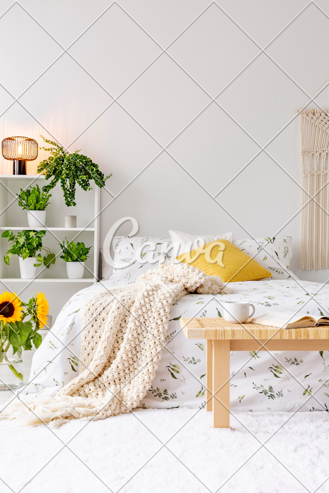 Sunny Spring Bedroom Interior With Green Plants Beside A Bed