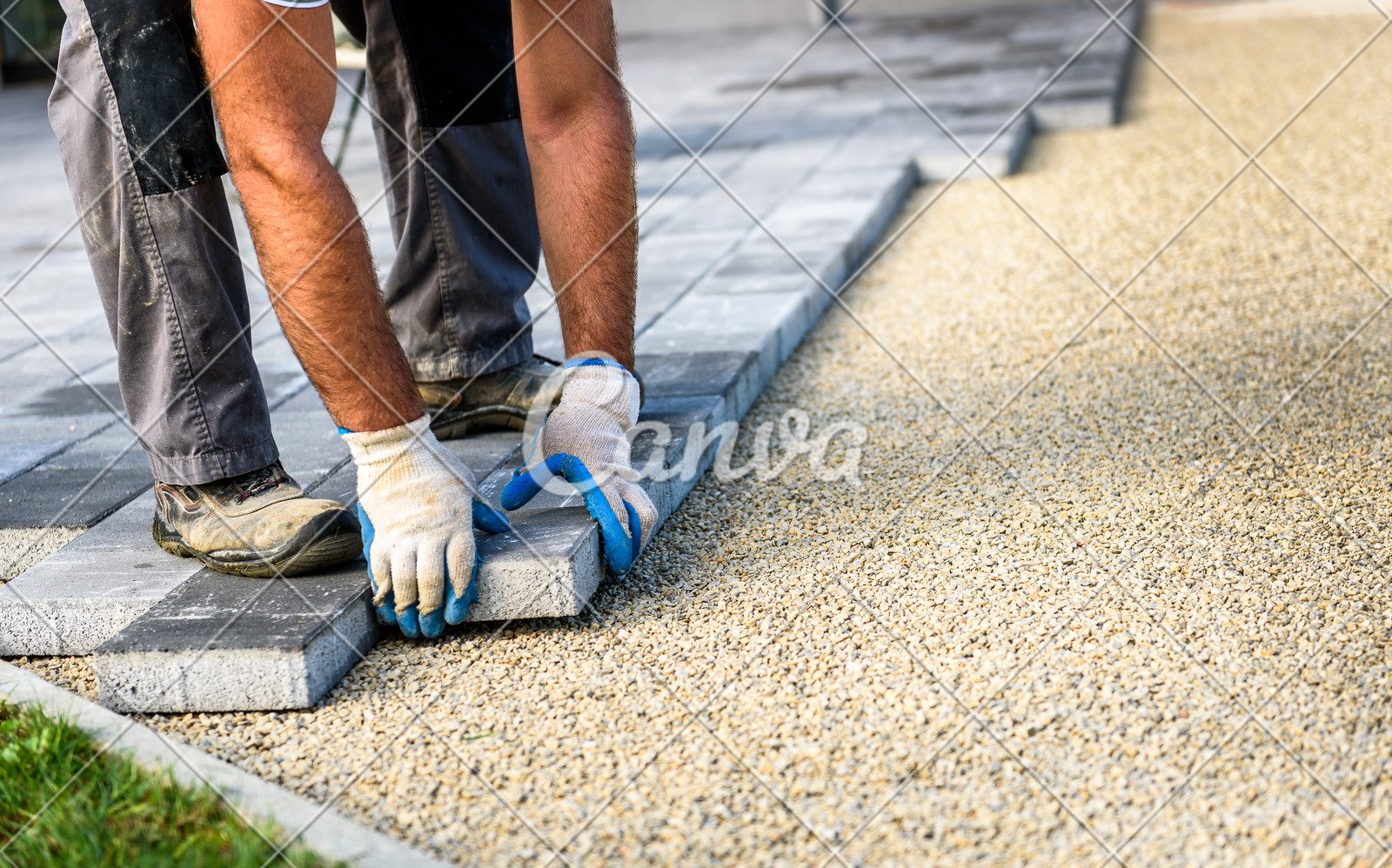 Laying Gray Concrete Paving Slabs In House Courtyard Driveway