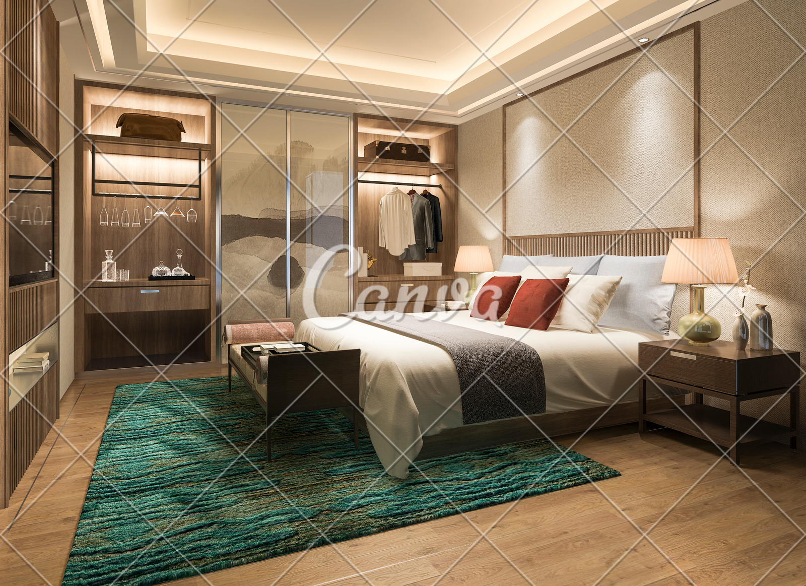 3d Rendering Luxury Modern Bedroom Suite Tv With Wardrobe