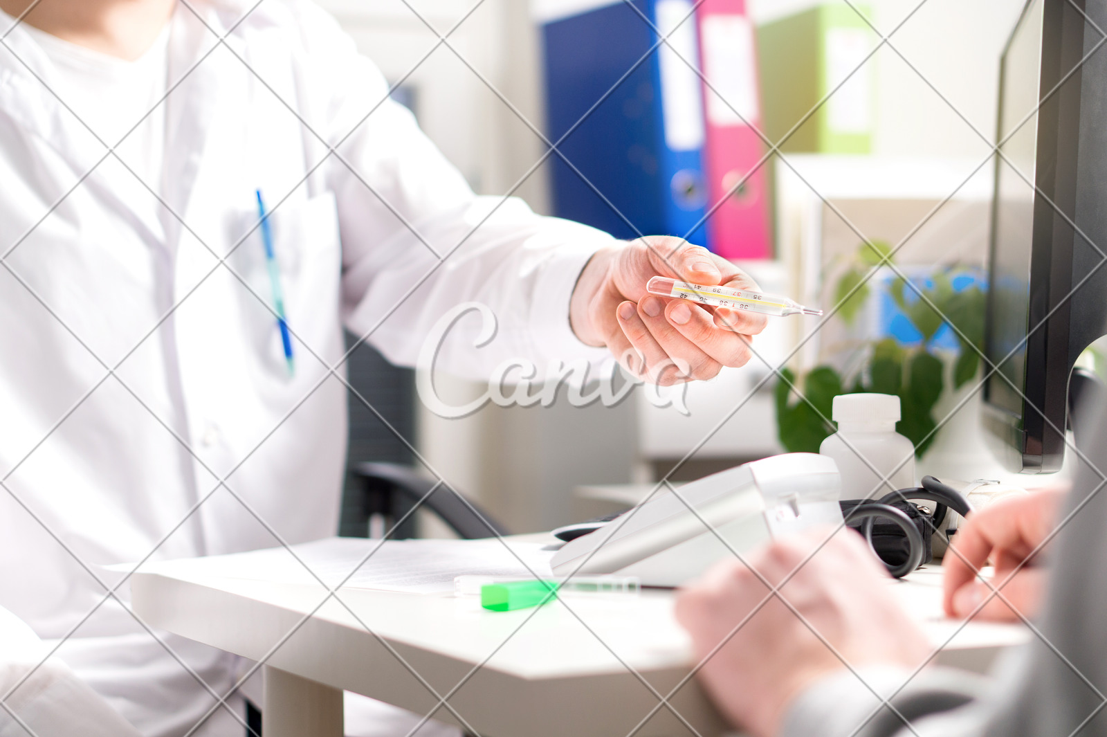 Doctor Giving Thermometer To Sick Patient With Fever Flu