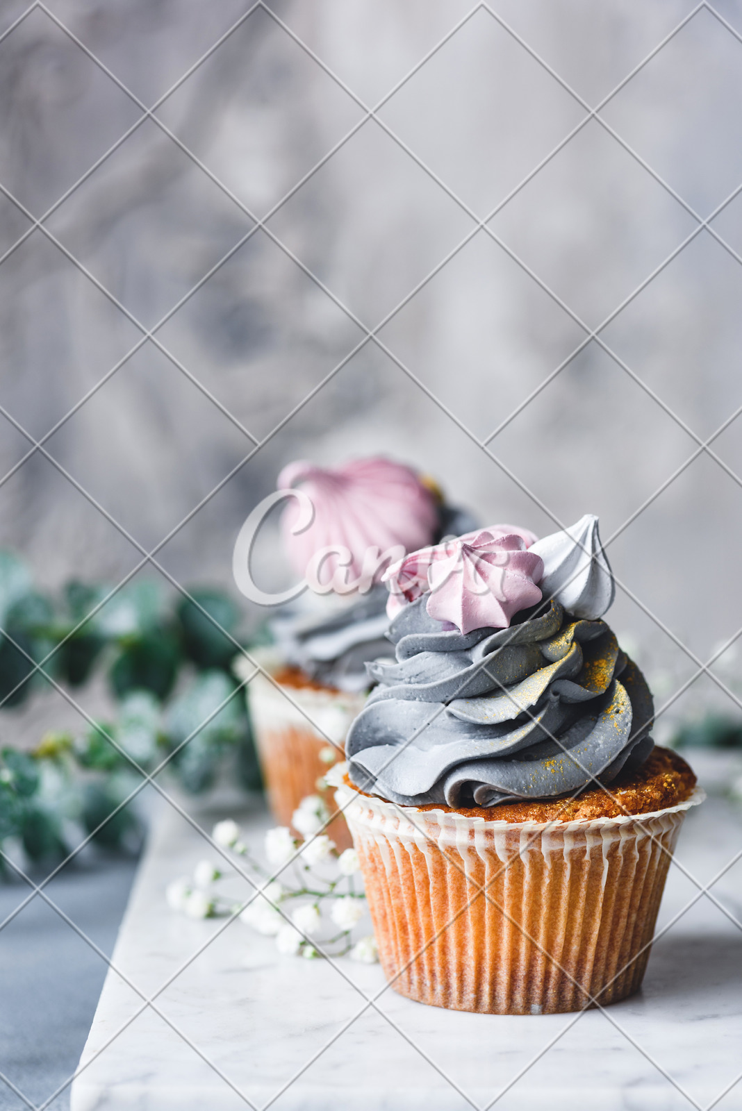 Pastel Color Cupcakes With Cream On Marble Background Photos By