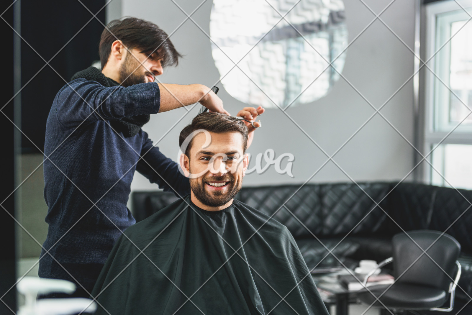 Happy Guy Getting Haircut By Hairdresser Photos By Canva