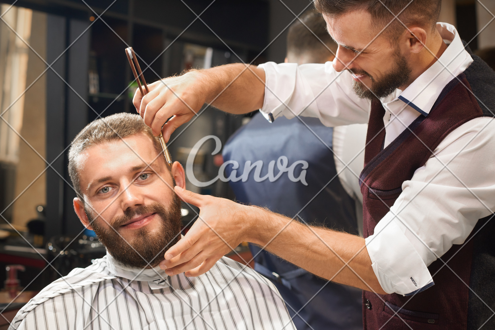 Front View Of Satisfied Male Client Sitting In Chair In Barber