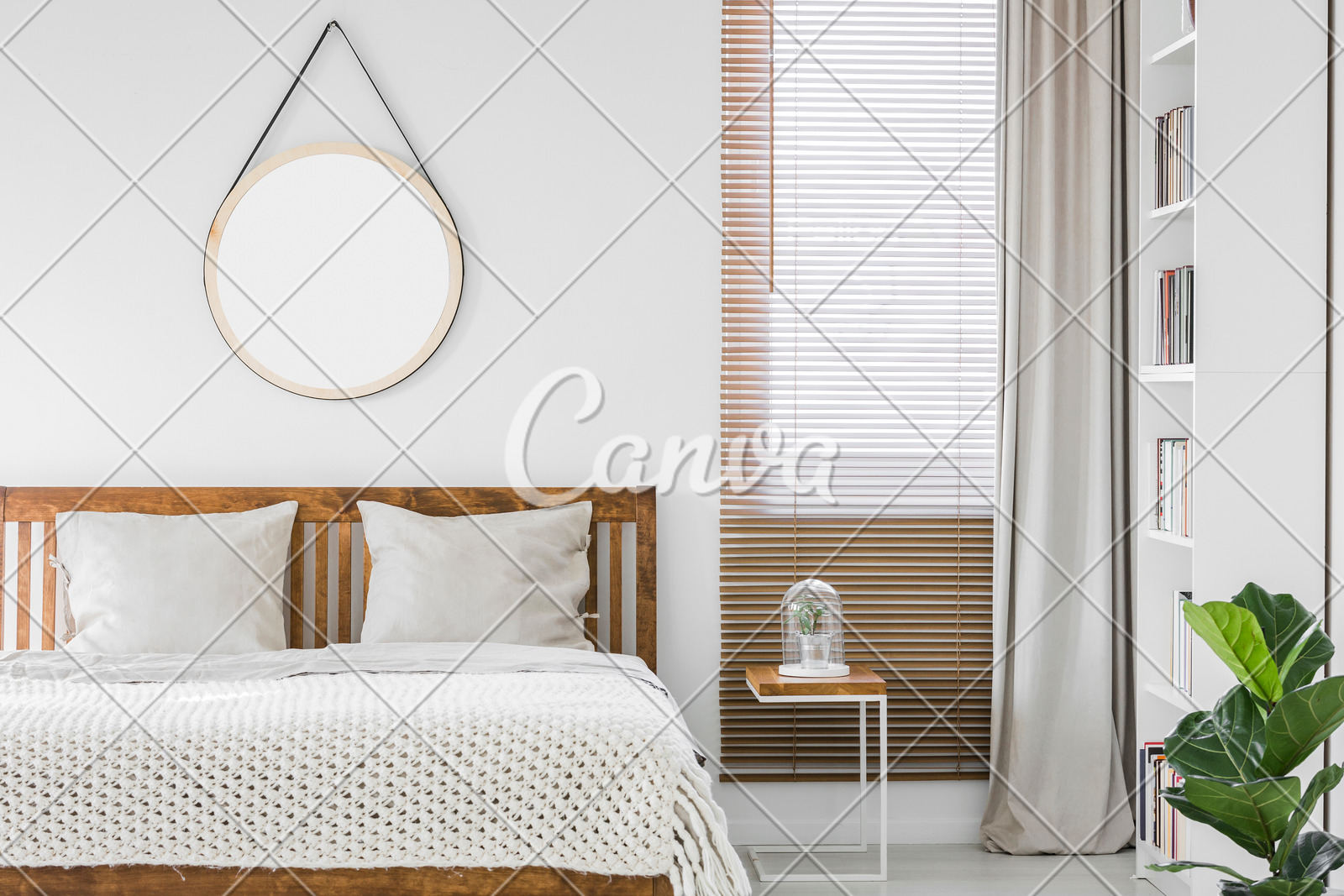 Window With Wooden Blinds And Light Grey Curtain In White