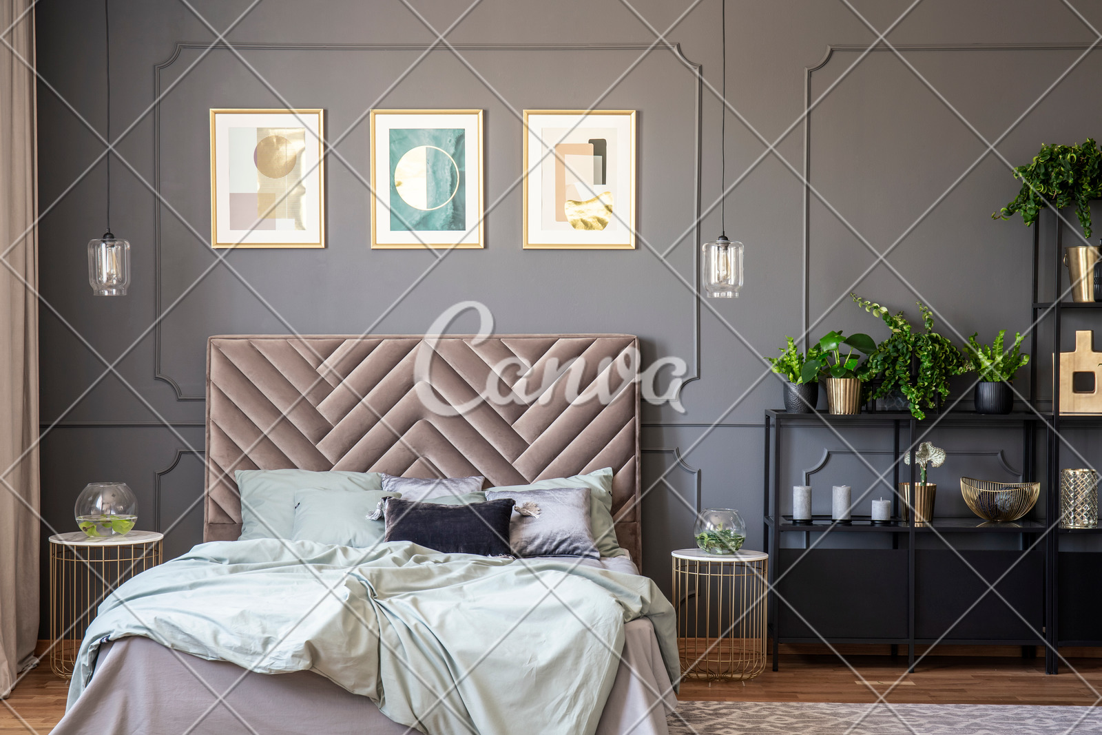 Dark Grey Bedroom Interior With Wainscoting On The Wall