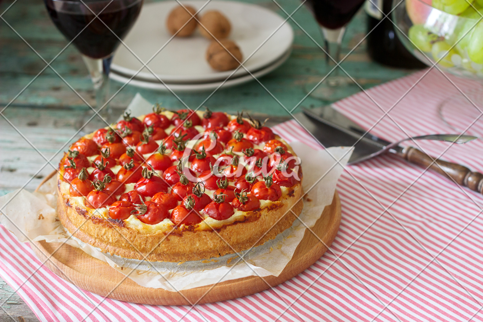 Tart Pie Or Cheesecake With Cottage Cheese And Tomatoes Served