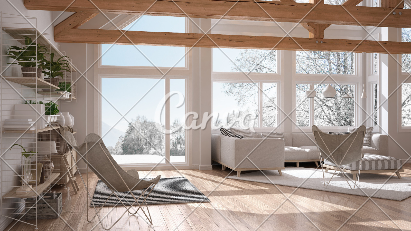 Living Room Of Luxury Eco House Parquet Floor And Wooden