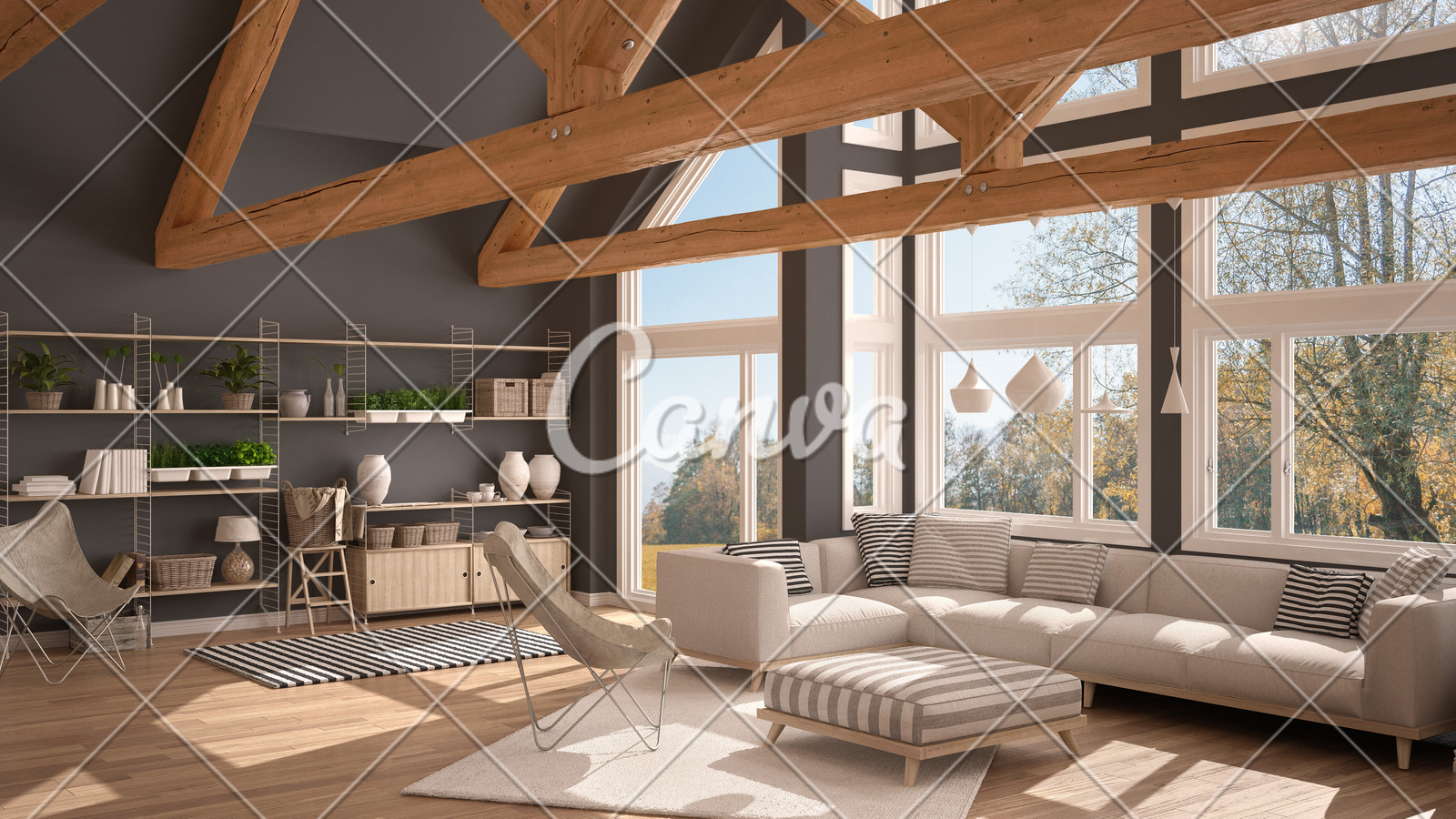 Living Room Of Luxury Eco House Parquet Floor And Wooden Roof