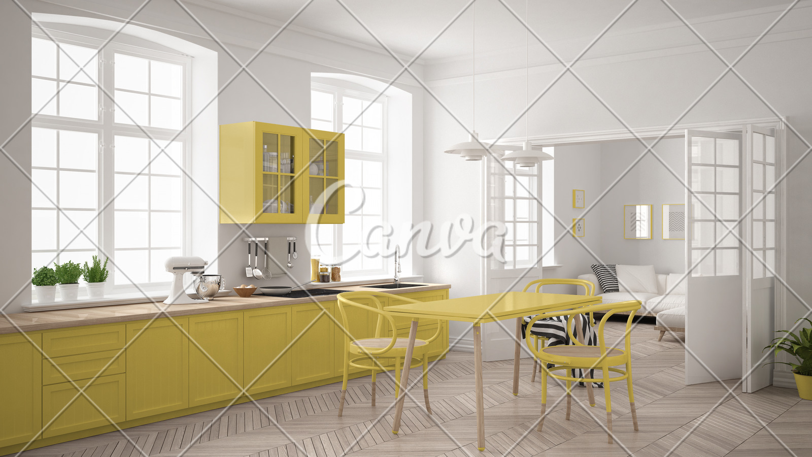 Minimalist Scandinavian White Kitchen With Living Room In