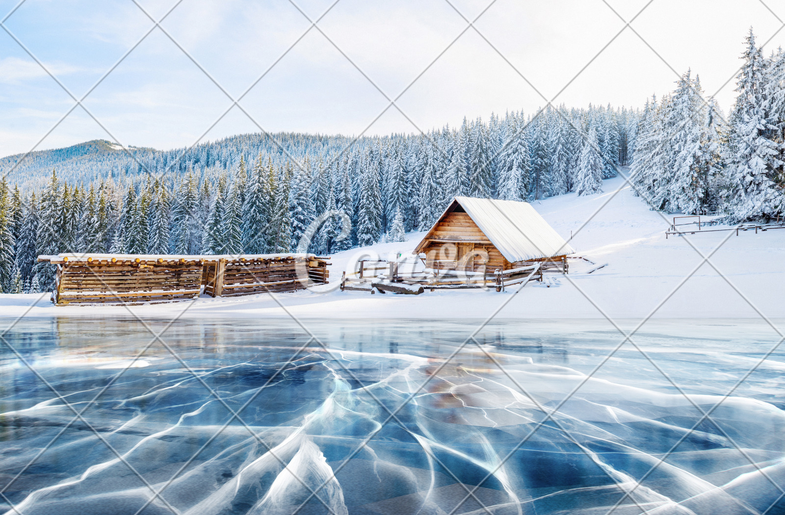 Blue Ice And Cracks On The Surface Of The Ice Frozen Lake Under A