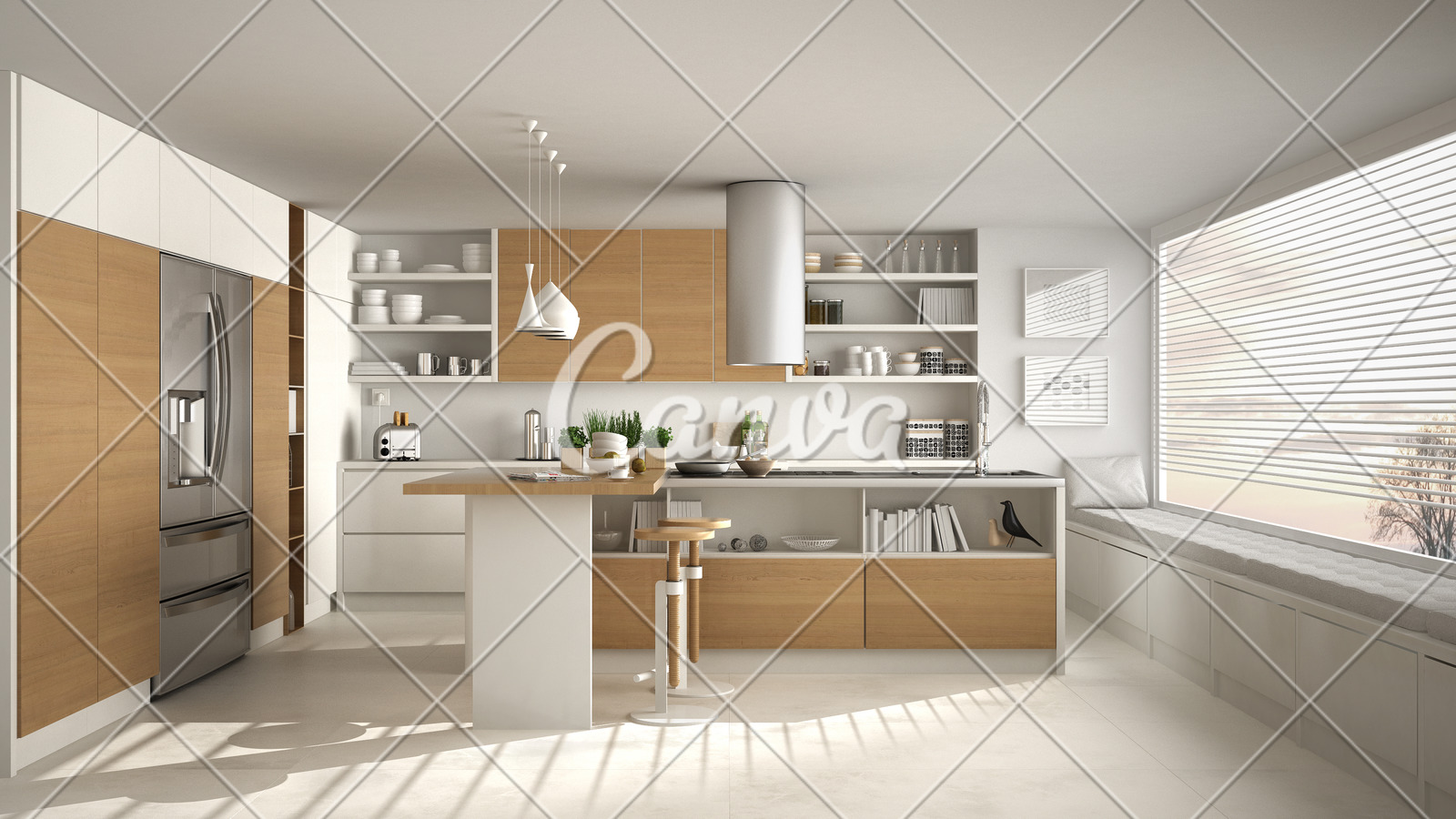 Blur Background Interior Design Modern Wooden Kitchen With