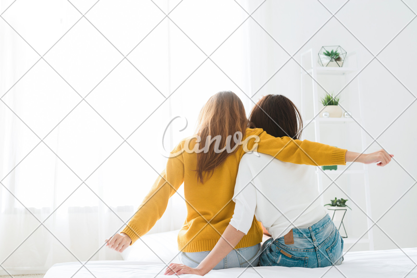 Back View Of Women Lesbian Happy Couple Waking Up In Morning