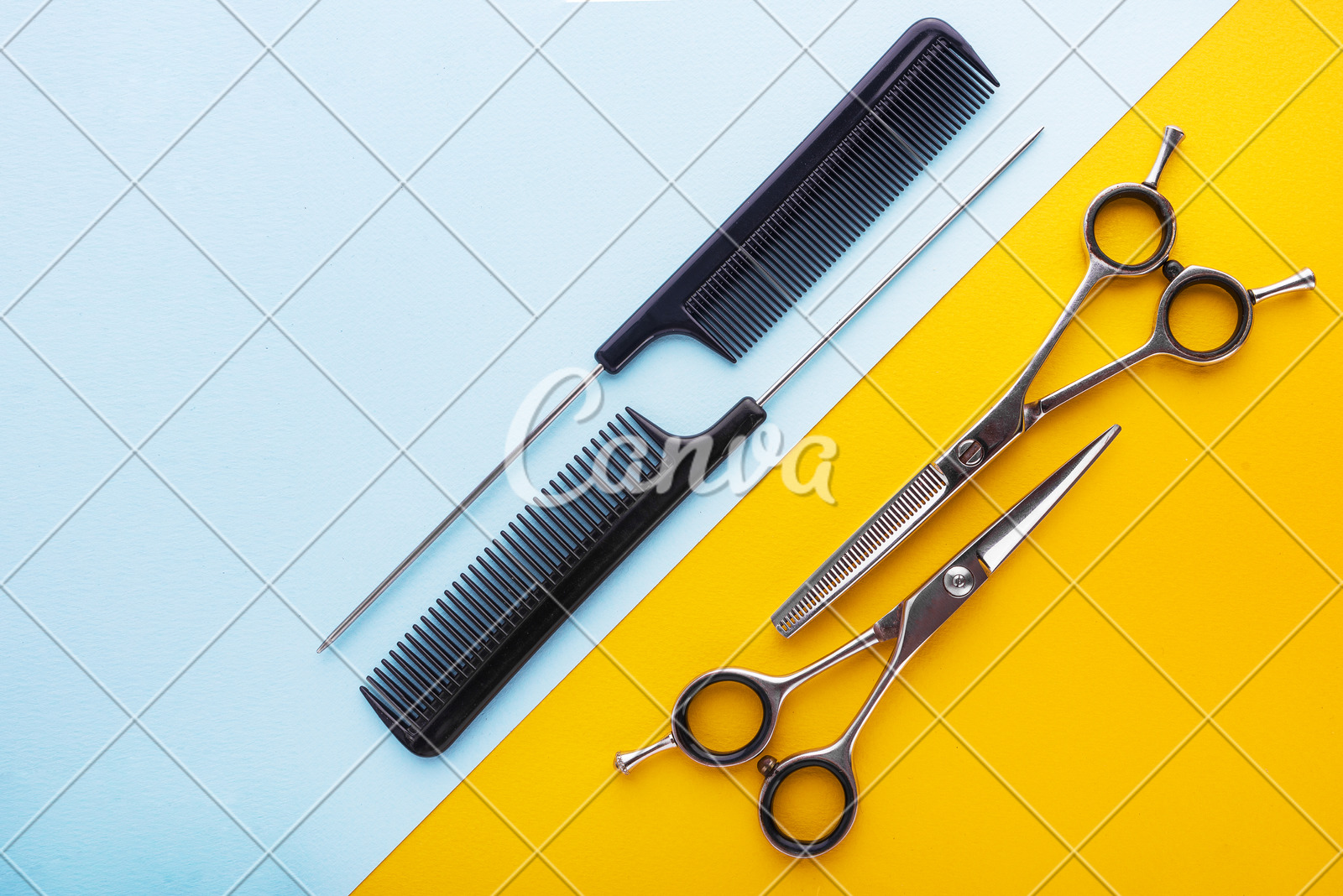 Professional Hairdresser Tools On Yellow And Blue Background