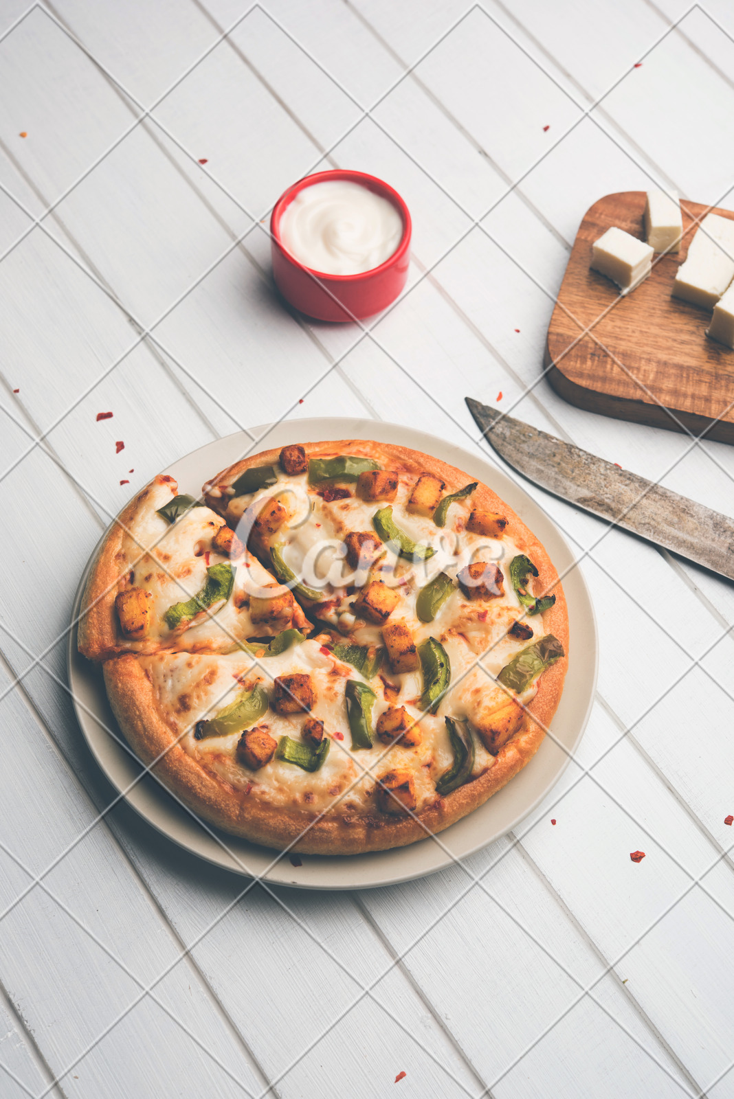 Indian Paneer Pizza With Fresh Cottage Cheese Cubes And White