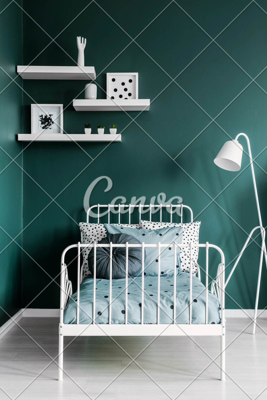 Shelves With Decorations And A Floor Lamp Above A White