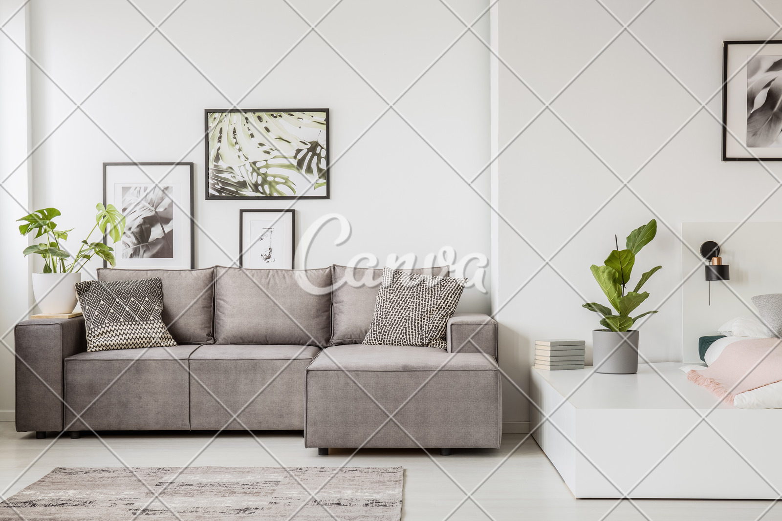 Patterned Pillow On Grey Corner Sofa In Living Room Interior