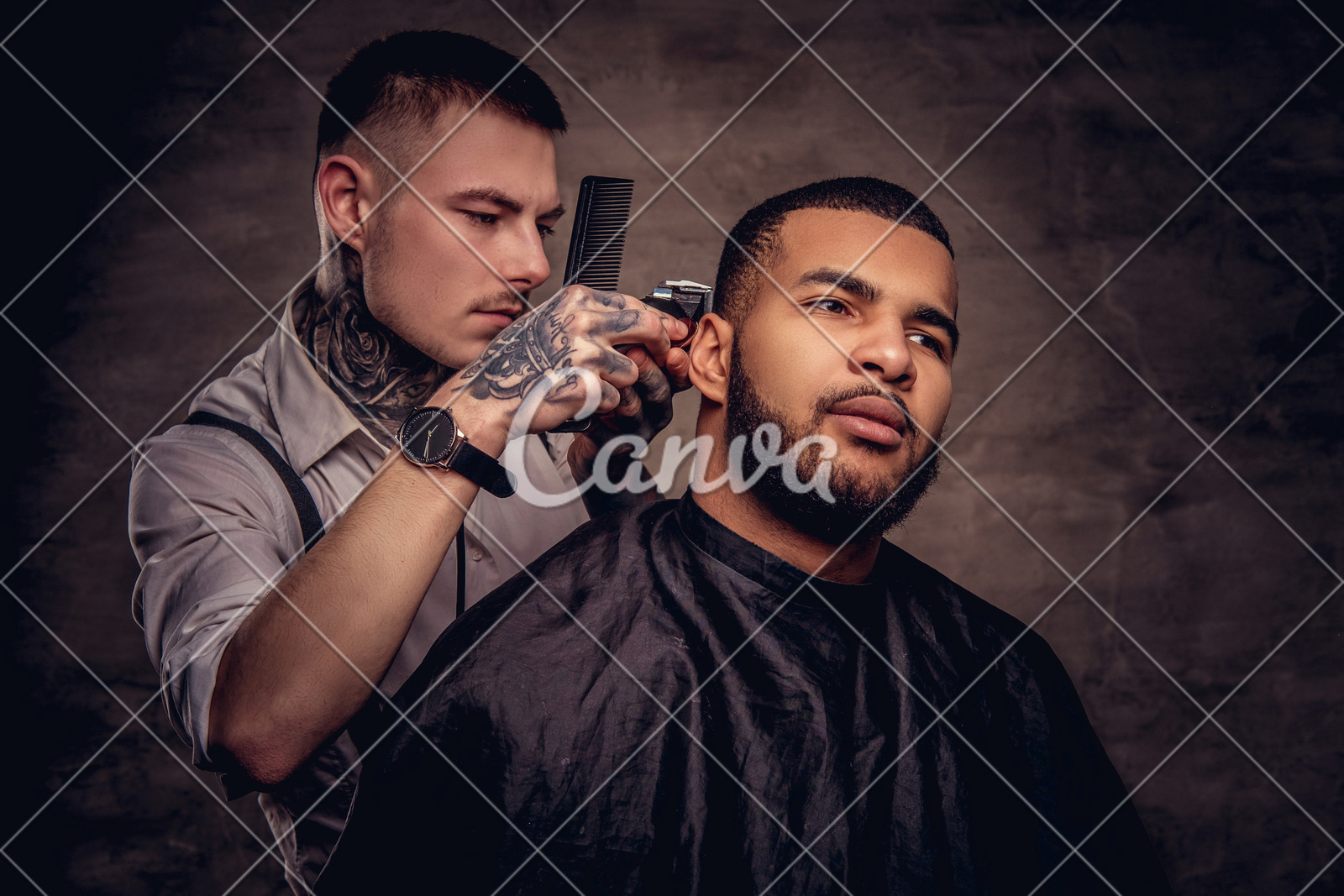 Old Fashioned Professional Tattooed Hairdresser Does A Haircut To