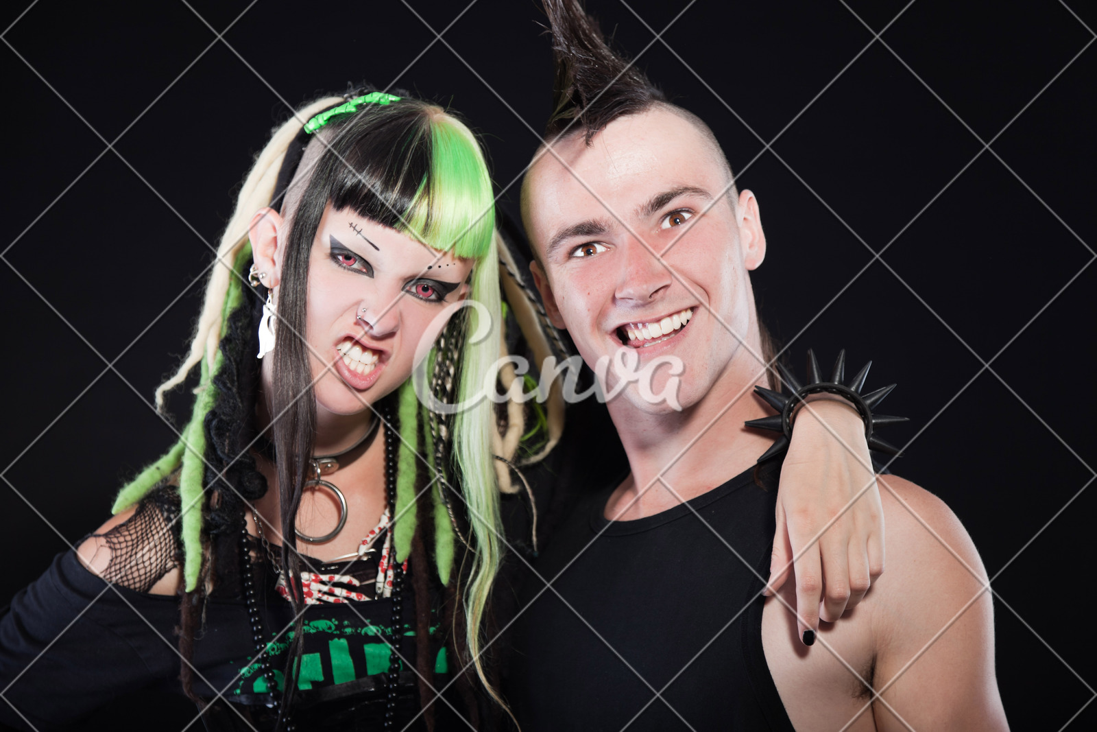 Couple Of Cyber Punk Girl And Man With Mohawk Haircut