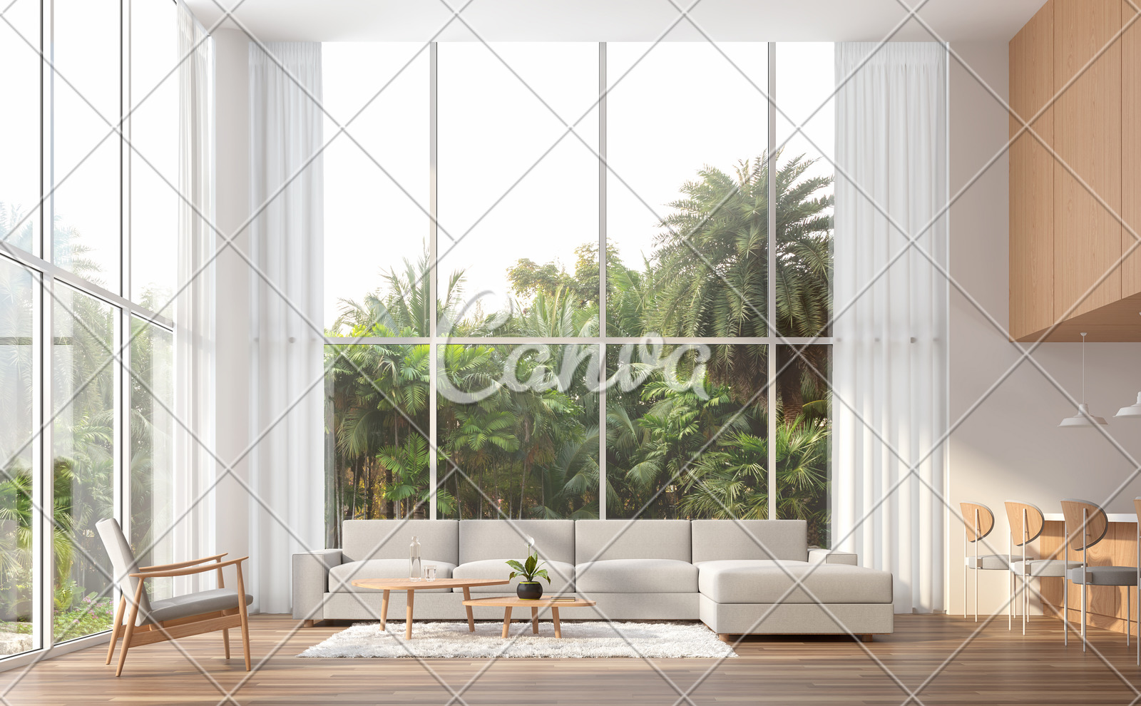 Modern Contemporary High Ceiling Living Room 3d Render Photos By