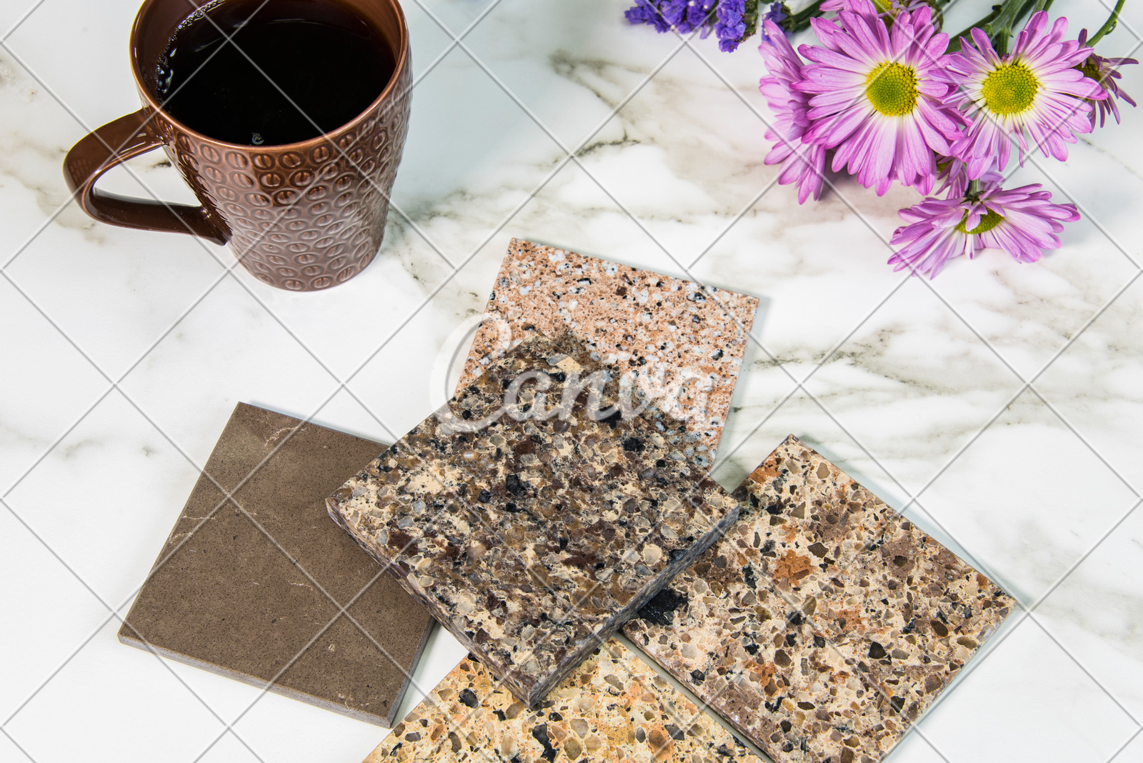 Colorful Granite Kitchen Countertop Samples With Cup Of Coffee And