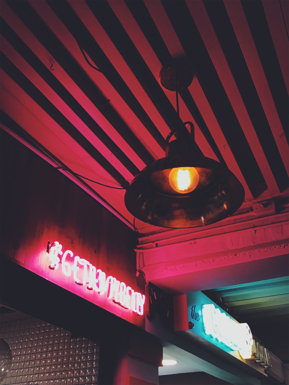 Round Brown Pendant Lamp On Red Ceiling Turned On Photos By Canva