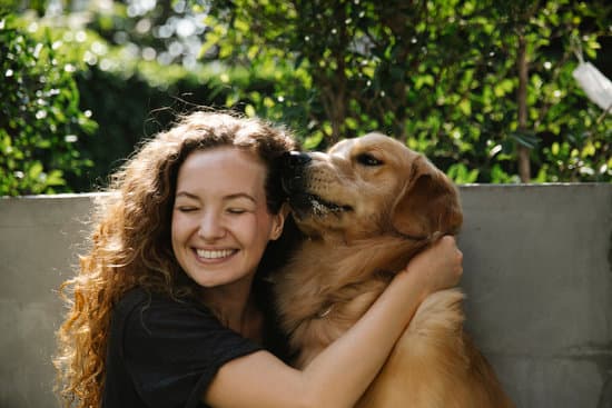 Happy woman with dog near trees and fence