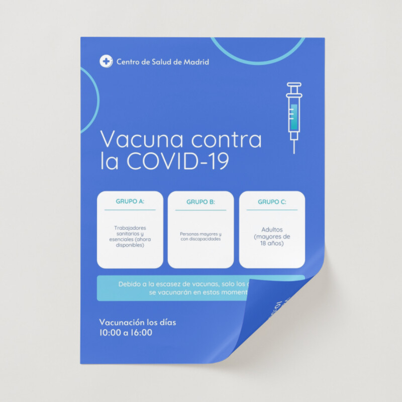 Azul Blanco Jeringuilla Corporativo Limpio Vacuna Programa General Salud Póster