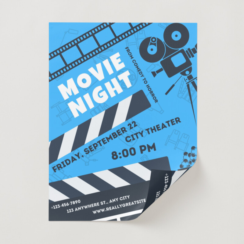 Blue And White Illustrated Movie Night Invitation Poster