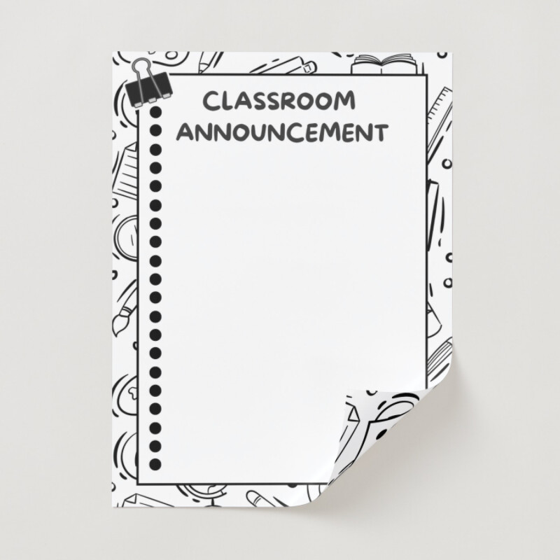 Classroom Announcement Poster in Black and White Illustrative Style