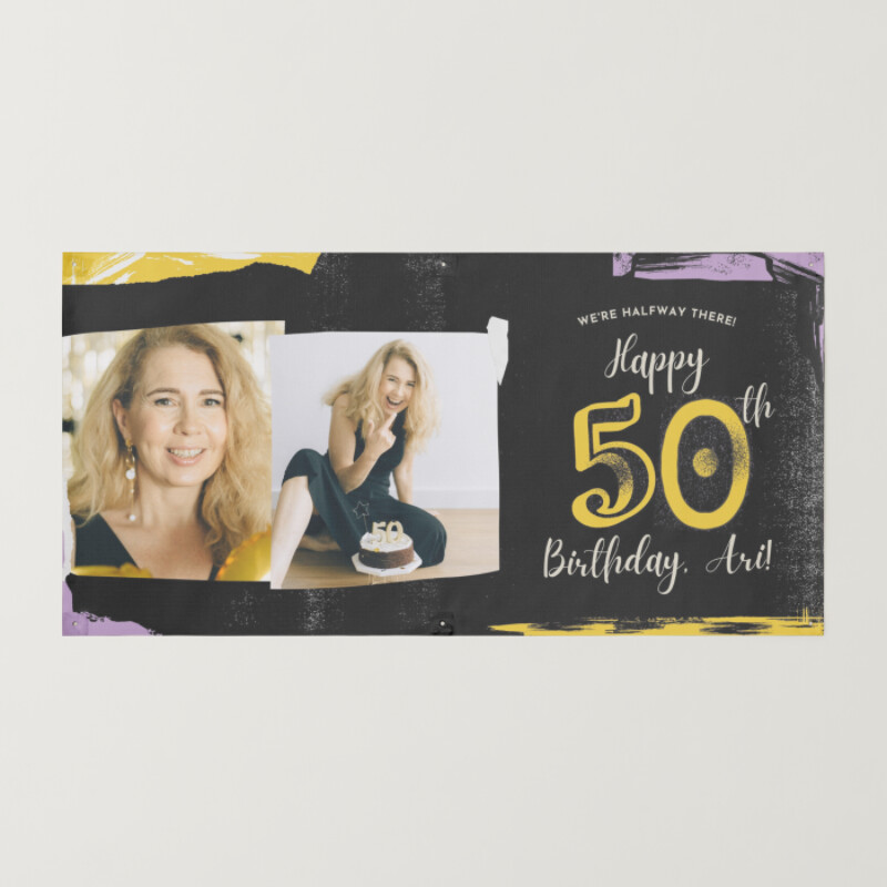 Yellow Purple and Black Collage / Maximalist Older Adults Birthday Banner