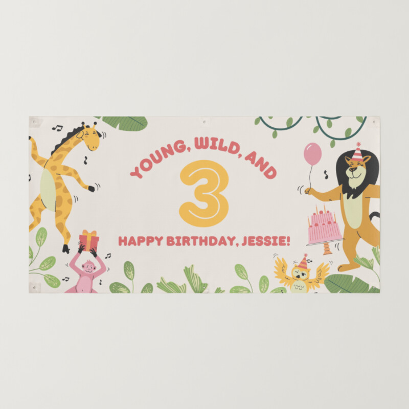 Yellow Red and Green Jungle and Farm Animals Kids and Toddlers Birthday Banner